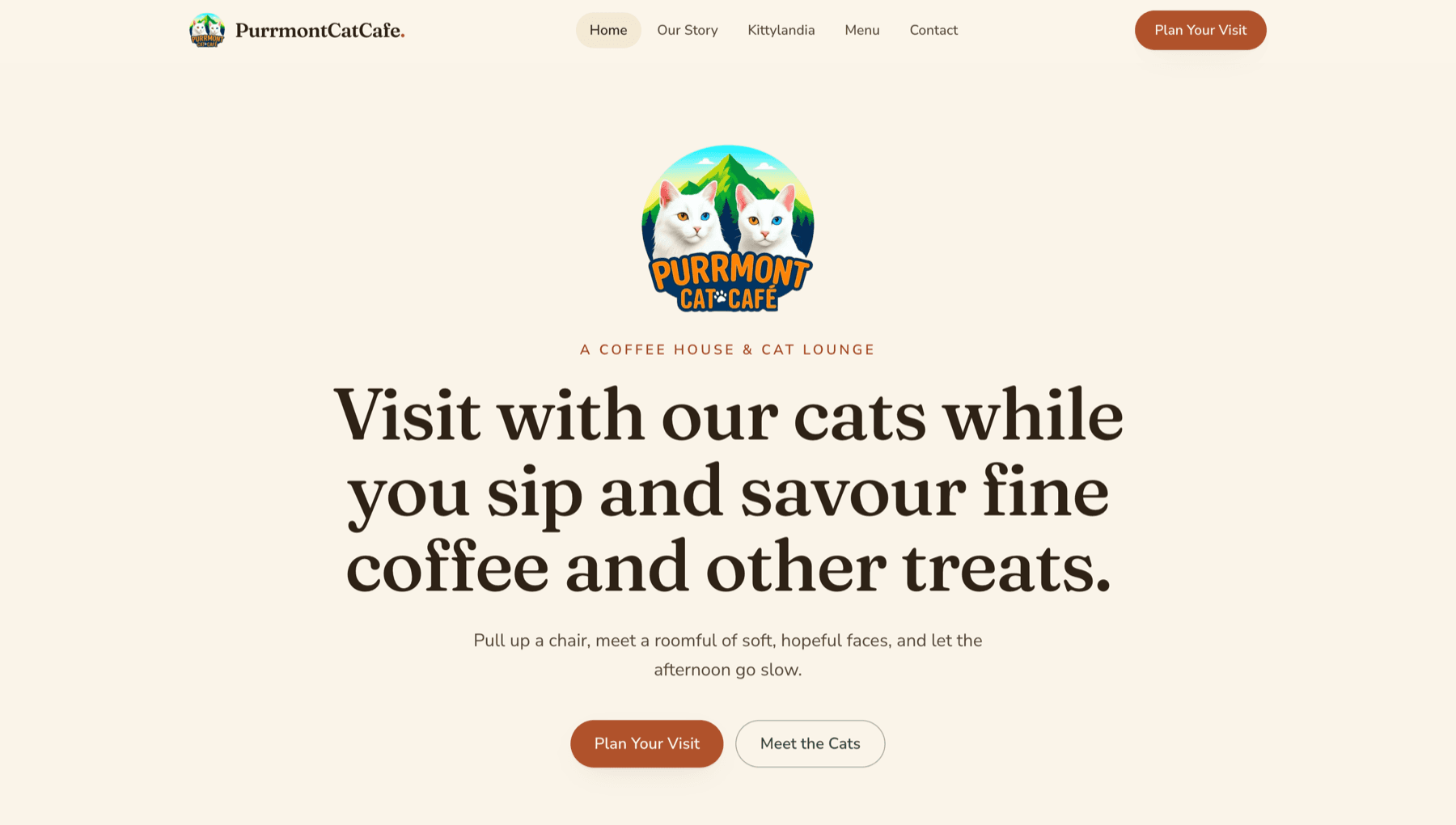 Purrmont Cat Cafe homepage, a coffee house and cat lounge